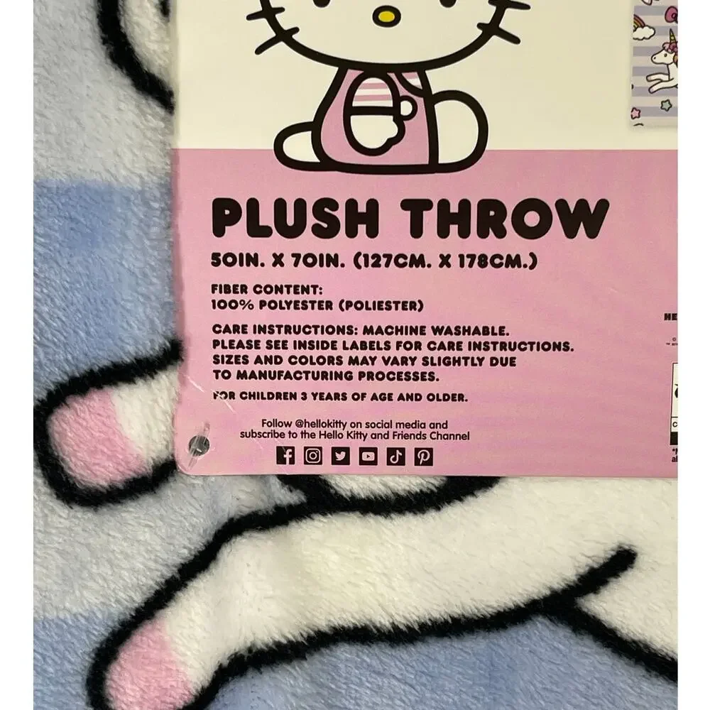 Hello Kitty Plush Throw Blanket 50 x 70 Unicorn Rainbow Blue Stripe Sanrio NEW
